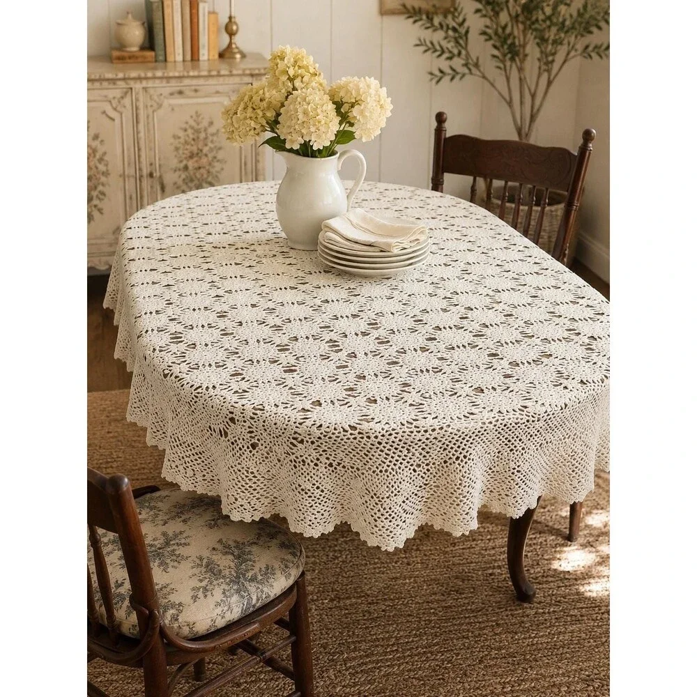 Vintage Crocheted Lace Oval Table Cloth Cream Colored Scalloped Edges 77x55